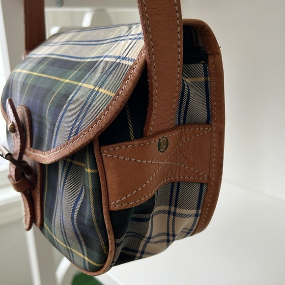 Ralph Lauren Vintage Tartan Plaid Blue Green Leather Brass Canvas Plaid Bag - Picture 4 of 15